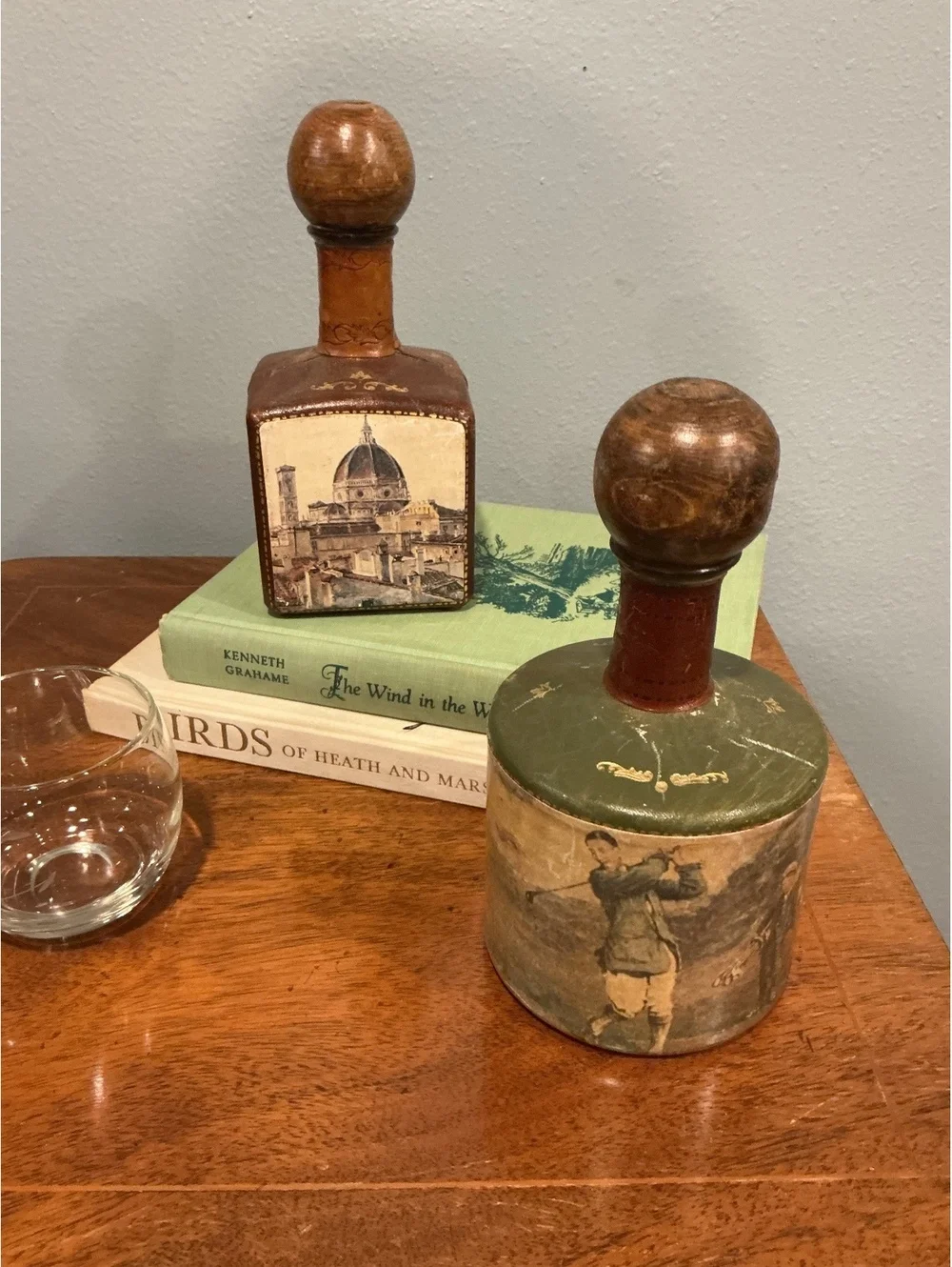 Vintage Leather Wrapped Decanter with Old World Venician Scene